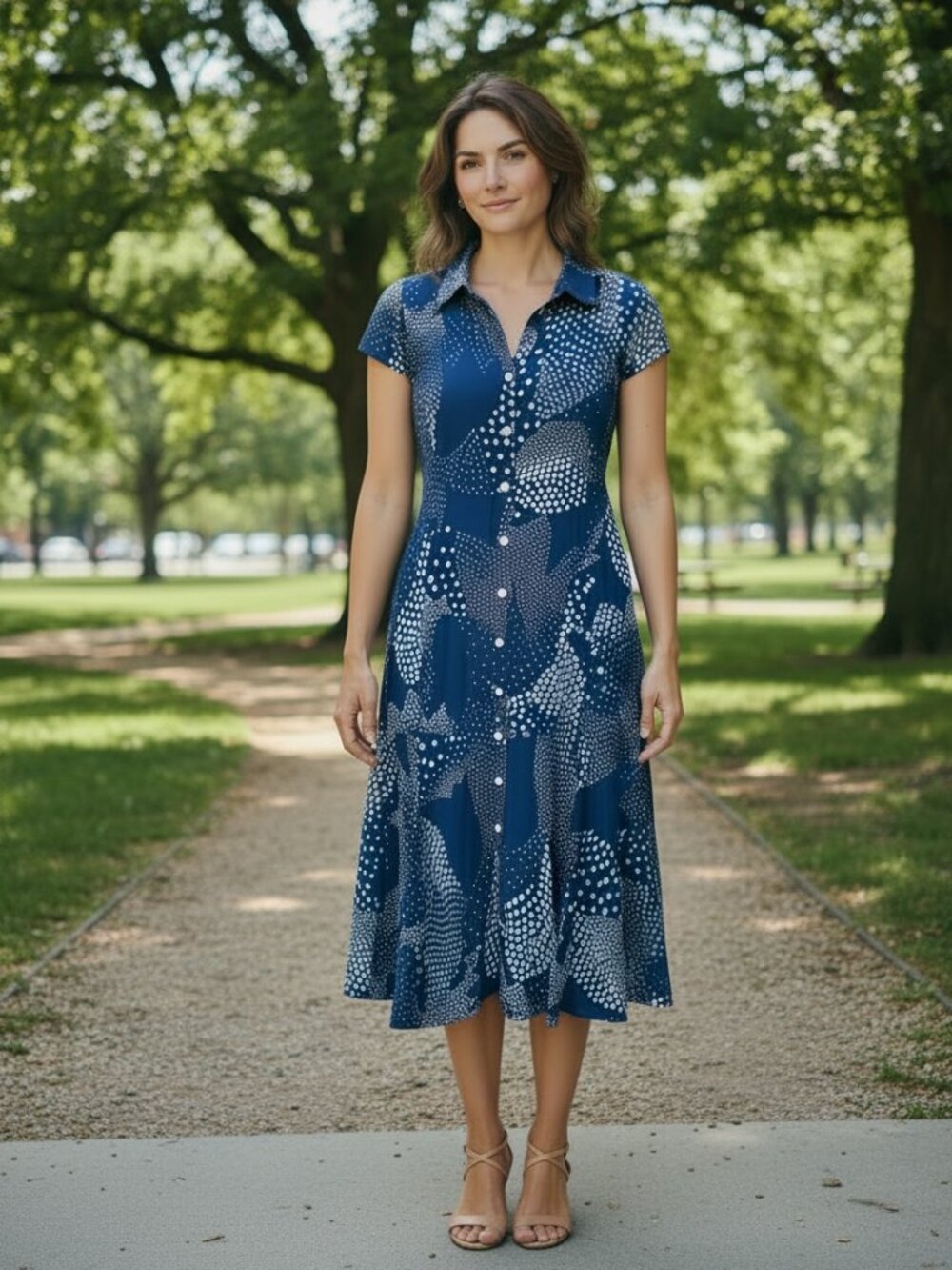 Anne Klein Silk Shirt Dress Size 8 Blue Polka Dot Midi Button Front Classic